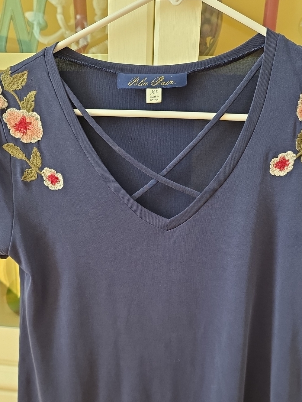 Blue Rain Navy Short Sleeve V-Neck Top with Floral Embroidery